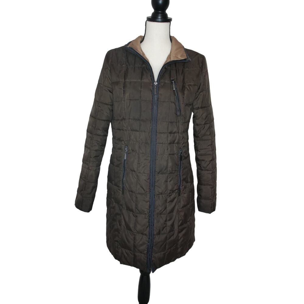 Fleet Street Puffer Knee Length Jacket Zip Up Brown Small‎ Long Sleeve